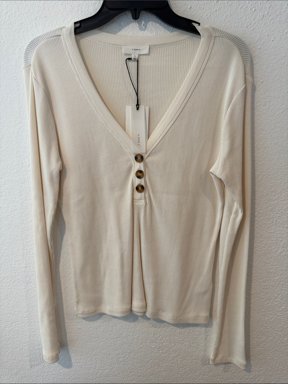 A Loves A Ribbed V-Neck Long Sleeve Top with Button Detail - Cream